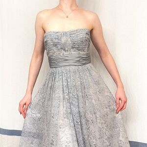 BCBGMaxAzria Strapless Lace Dress in Shimmering Light Gray Size 10